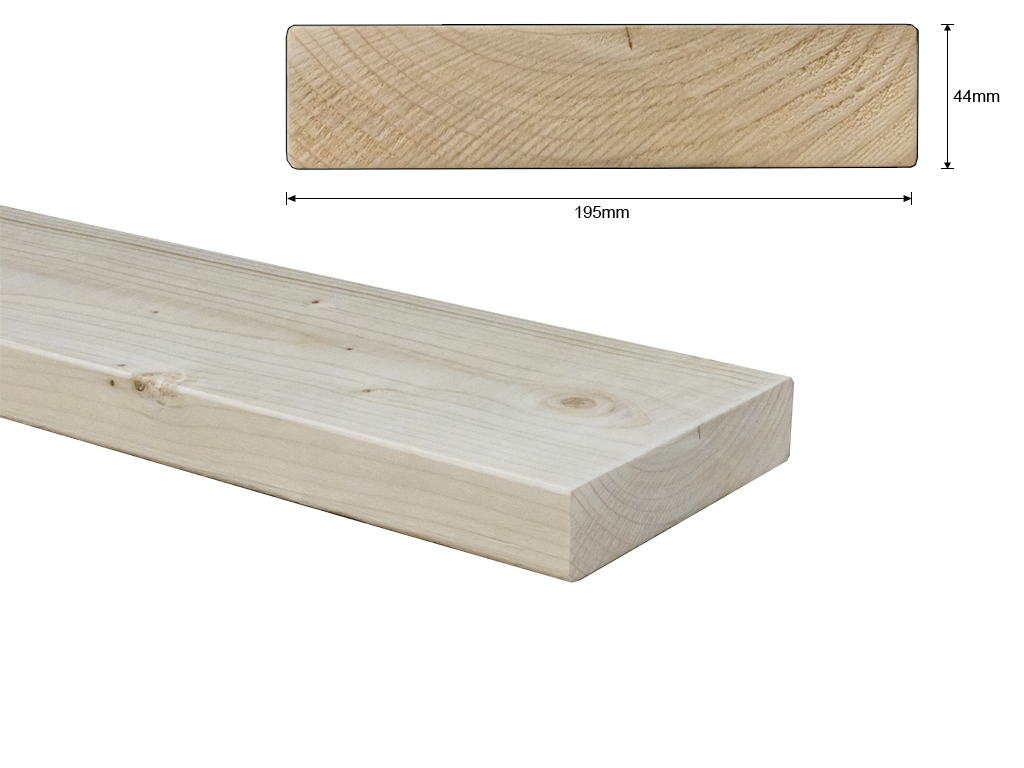 Vuren C 44x195 mm. geschaafd - lengtetoeslag - Lengte = 6,00 mtr.